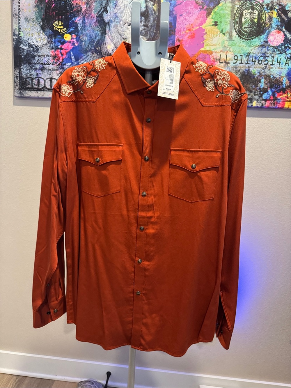 Murano Rust Orange Western-Embroidered Button-Down Shirt